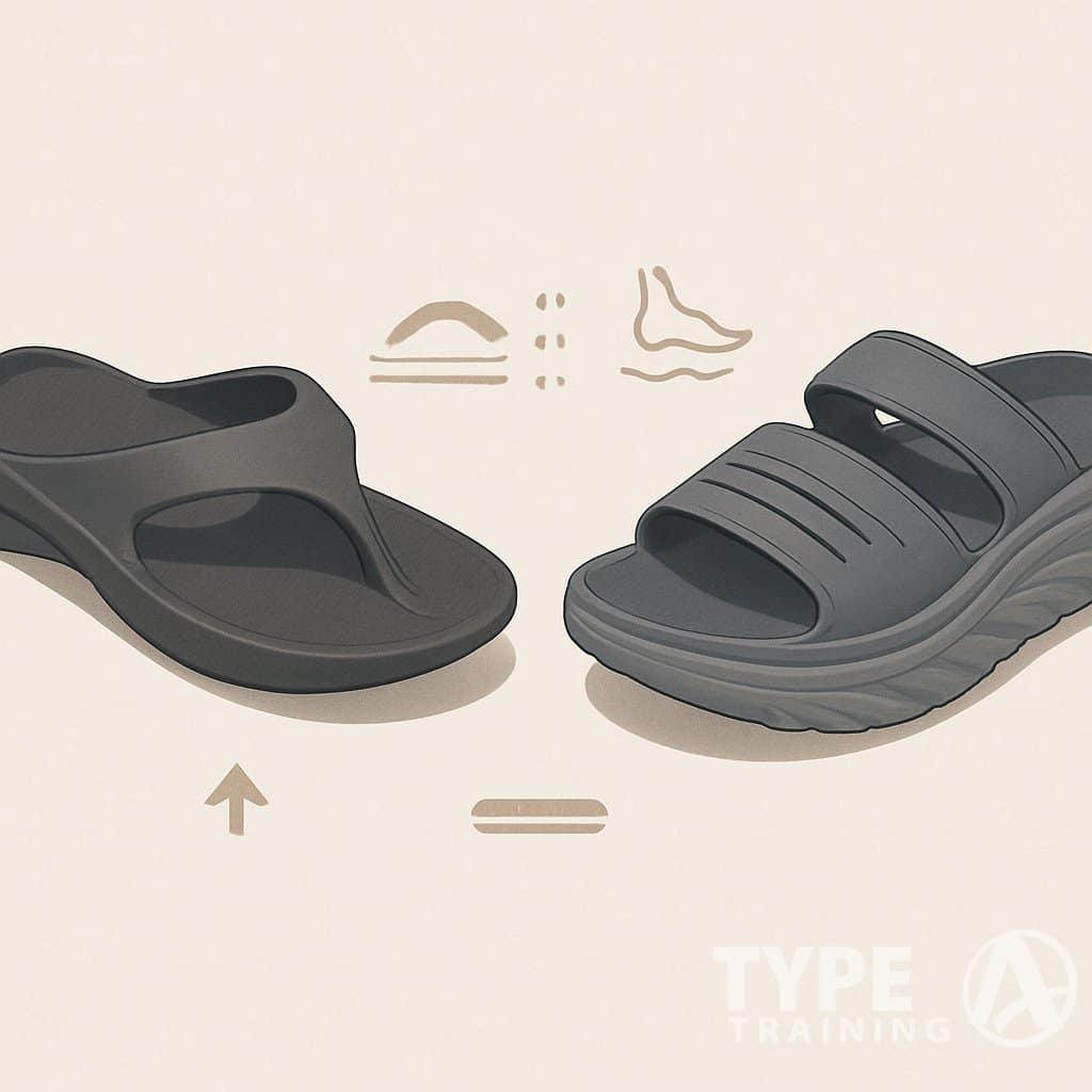 Two different recovery sandals side by side on a clean surface, showing their soles and straps with visual highlights of support and cushioning features.