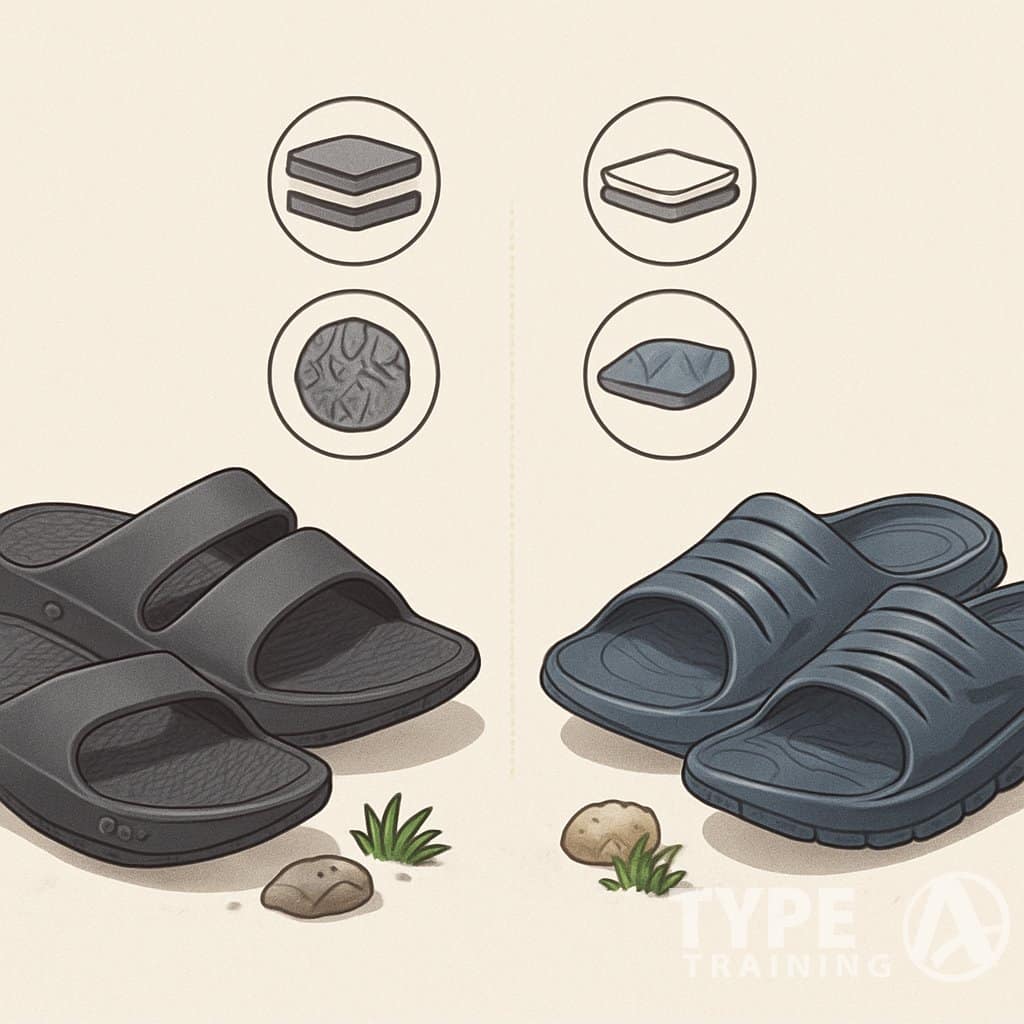 Two pairs of recovery sandals placed side by side, showing their soles and cushioning on a simple surface with small rocks and grass nearby.
