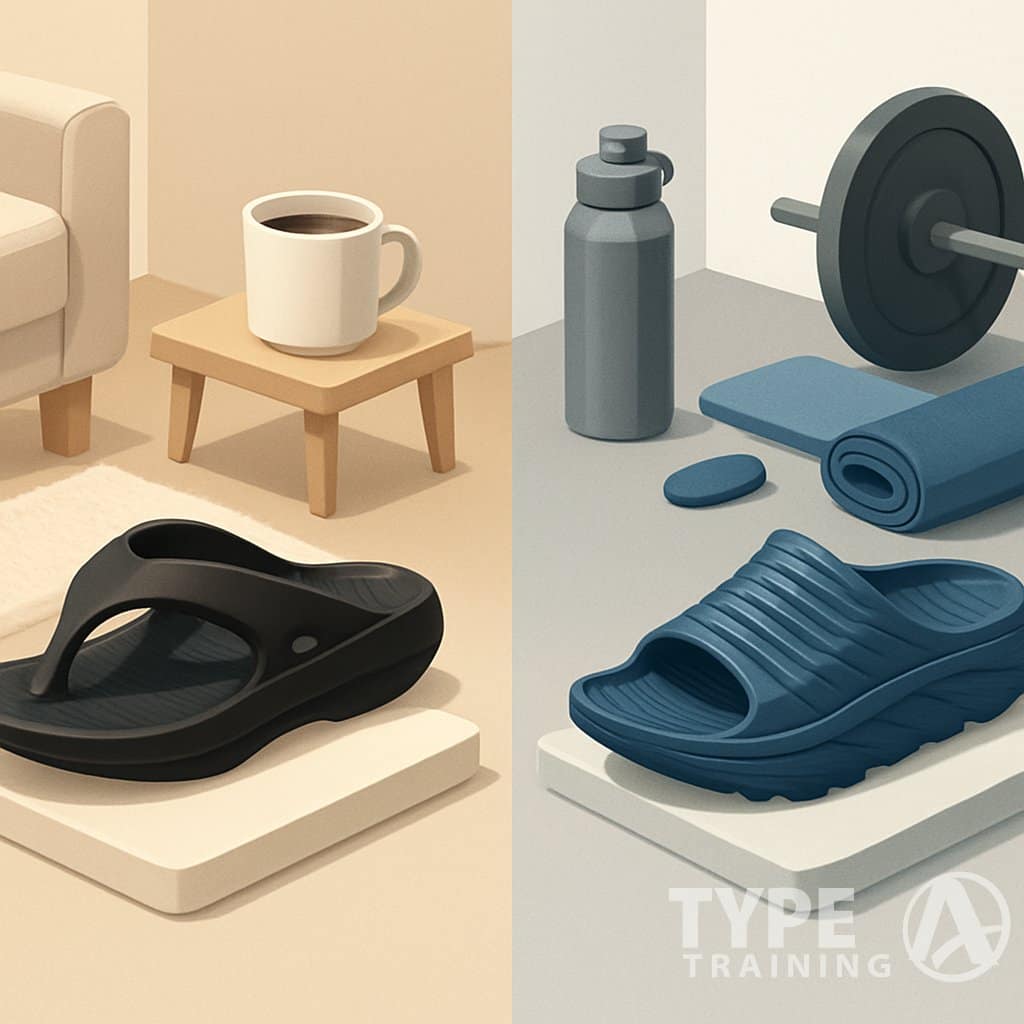 Two recovery sandals displayed side by side in different settings: one in a cozy home environment and the other in a sporty recovery area with gym equipment.