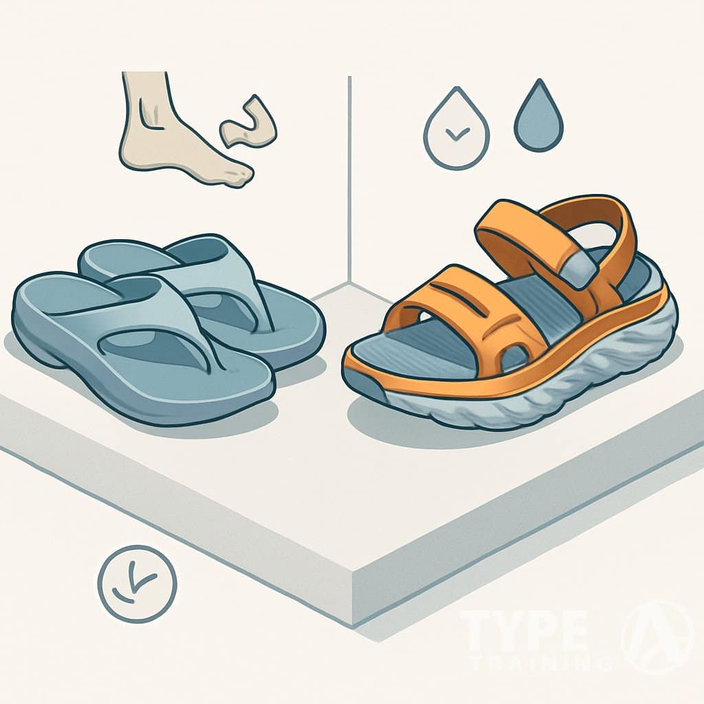 Two pairs of recovery sandals displayed side by side on a flat surface with icons representing comfort and recovery around them.