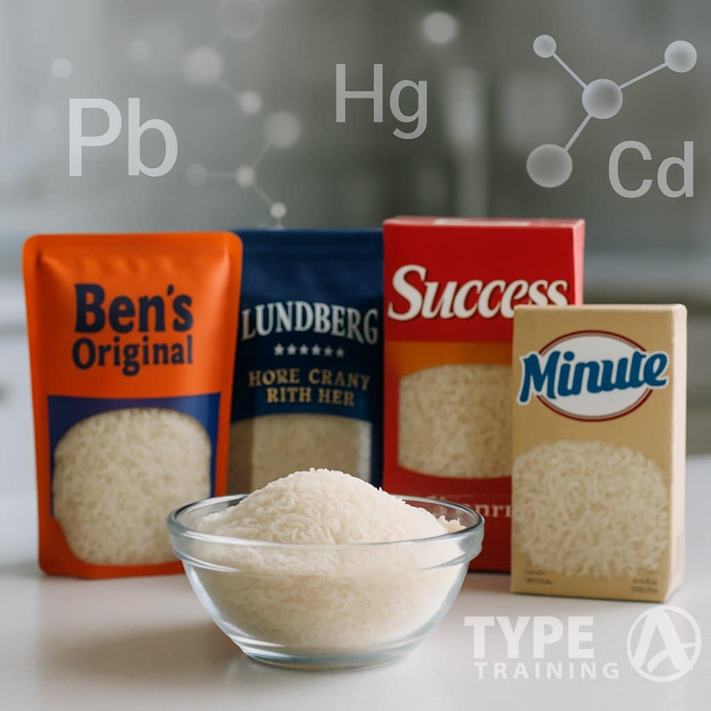 Close-up of several popular rice brand packages on a kitchen countertop with a clear bowl of uncooked white rice in front, accompanied by subtle scientific symbols representing toxic heavy metals in the background.