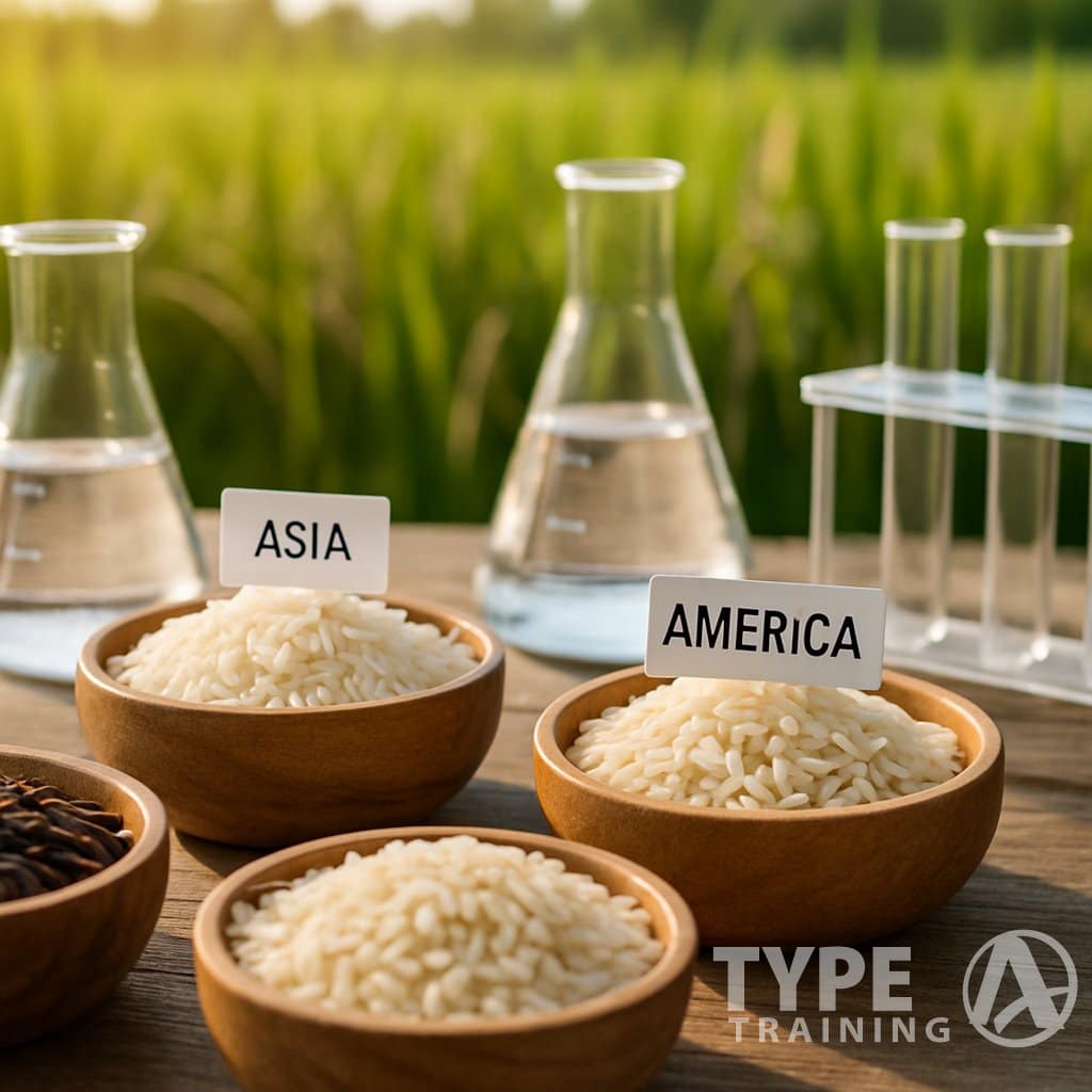 Close-up of different rice grains in wooden bowls on a table with laboratory glassware and a blurred rice field in the background.