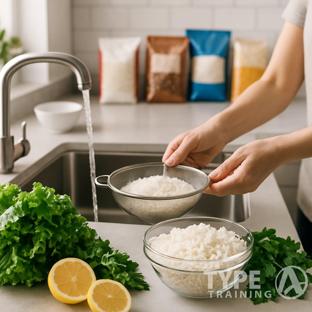 Hands rinsing rice in a kitchen sink with a bowl of cooked rice and fresh vegetables on the counter nearby.