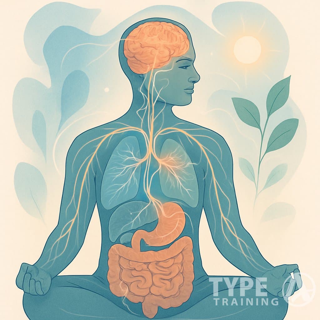 A human figure in a meditative pose with glowing lines connecting the brain and body, surrounded by natural and abstract shapes symbolizing holistic health.