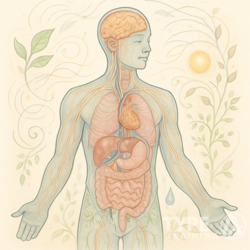 A human figure with translucent skin showing internal body systems surrounded by flowing lines and natural elements symbolizing healing and interconnectedness.
