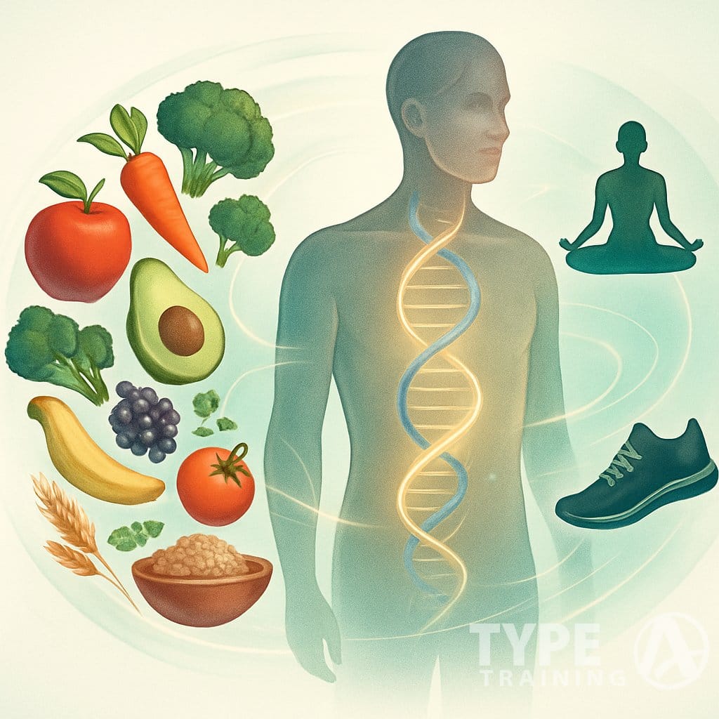A human figure with visible DNA strands surrounded by fruits, vegetables, and symbols of physical activity, connected by flowing lines representing the interaction between nutrition, lifestyle, and genetics.