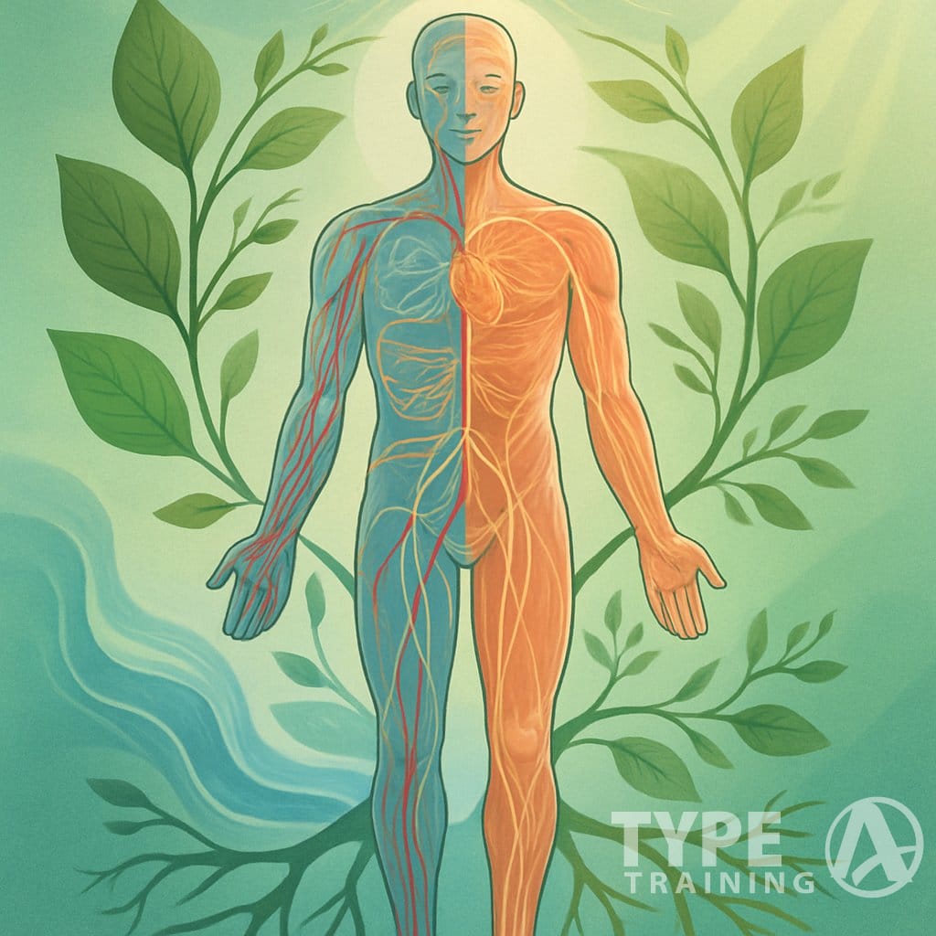 A human figure with visible internal systems surrounded by natural elements like leaves and water, symbolizing health, vitality, and interconnectedness.