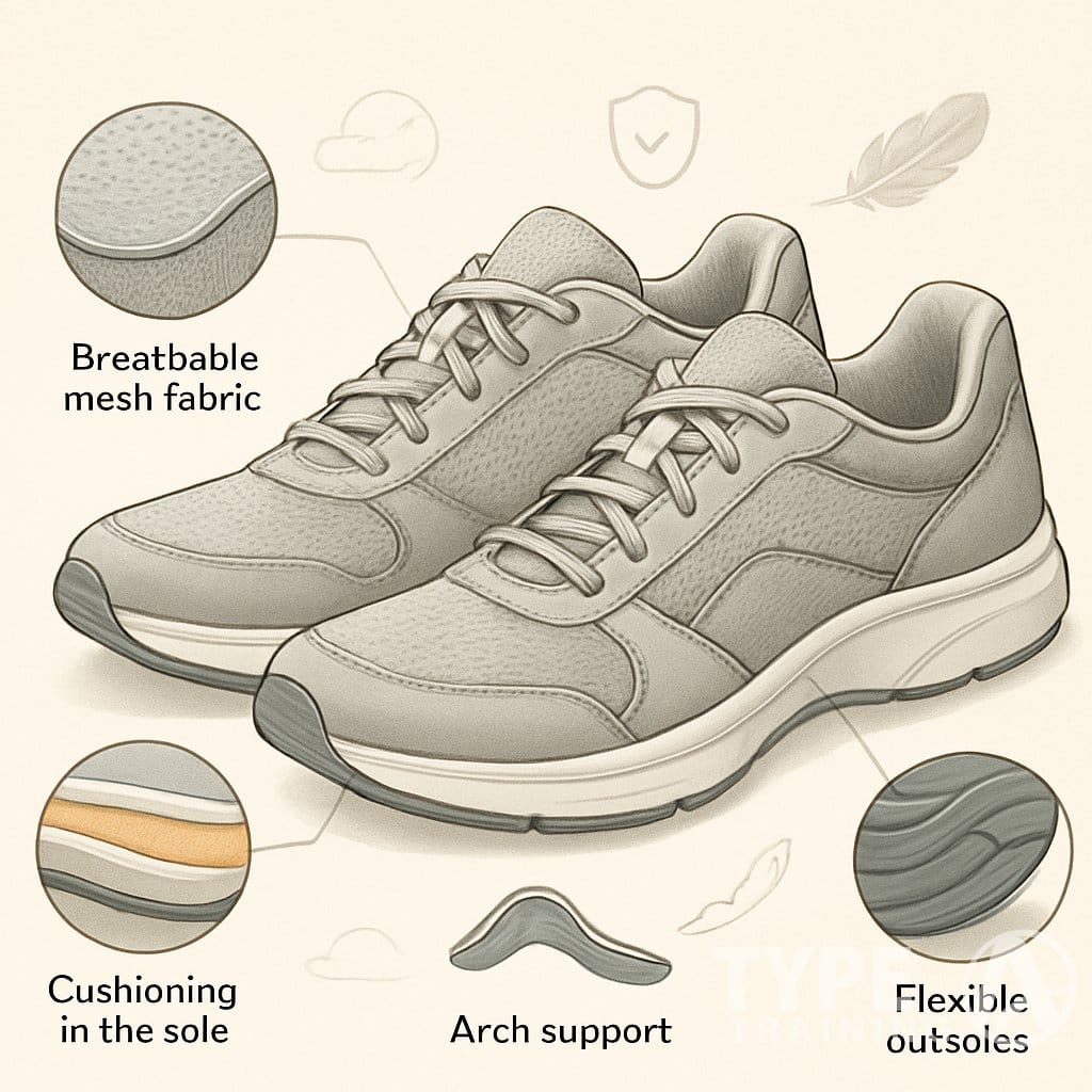 A detailed illustration of walking shoes showing their cushioning, arch support, breathable material, and flexible soles.