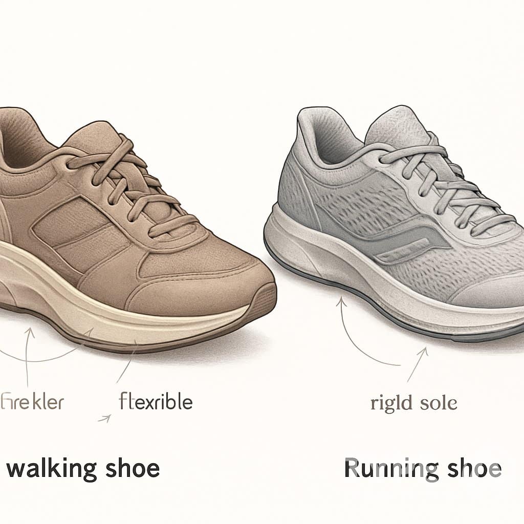 Side-by-side illustration of a walking shoe and a running shoe highlighting their structural differences such as sole shape, cushioning, and support areas.