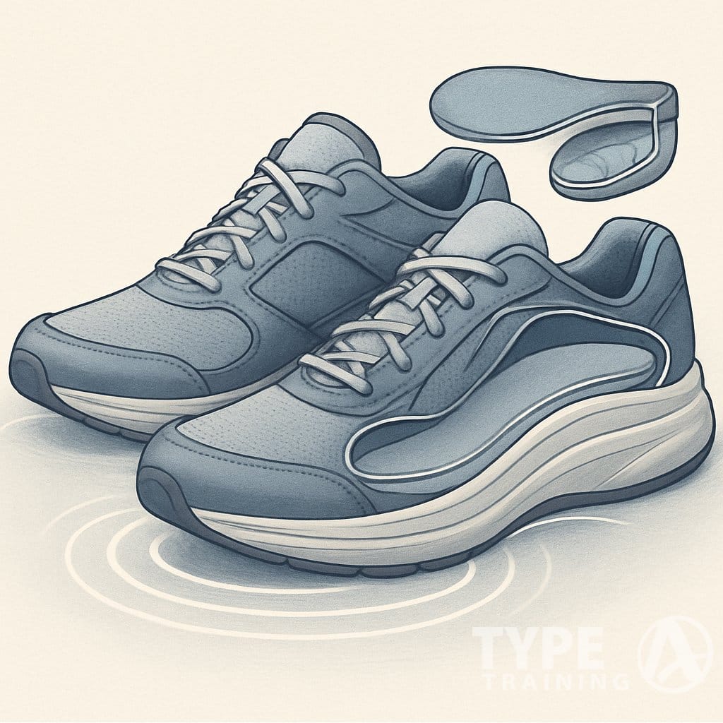 A pair of walking shoes with visible cushioning and a cross-sectional view showing shock-absorbing soles.