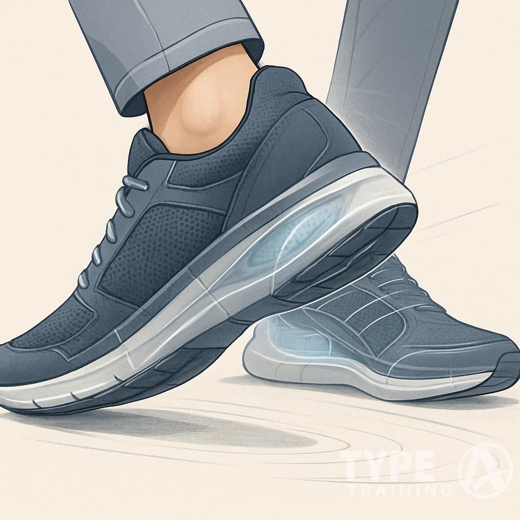 A pair of walking shoes shown in a walking position highlighting their flexible soles and supportive design.