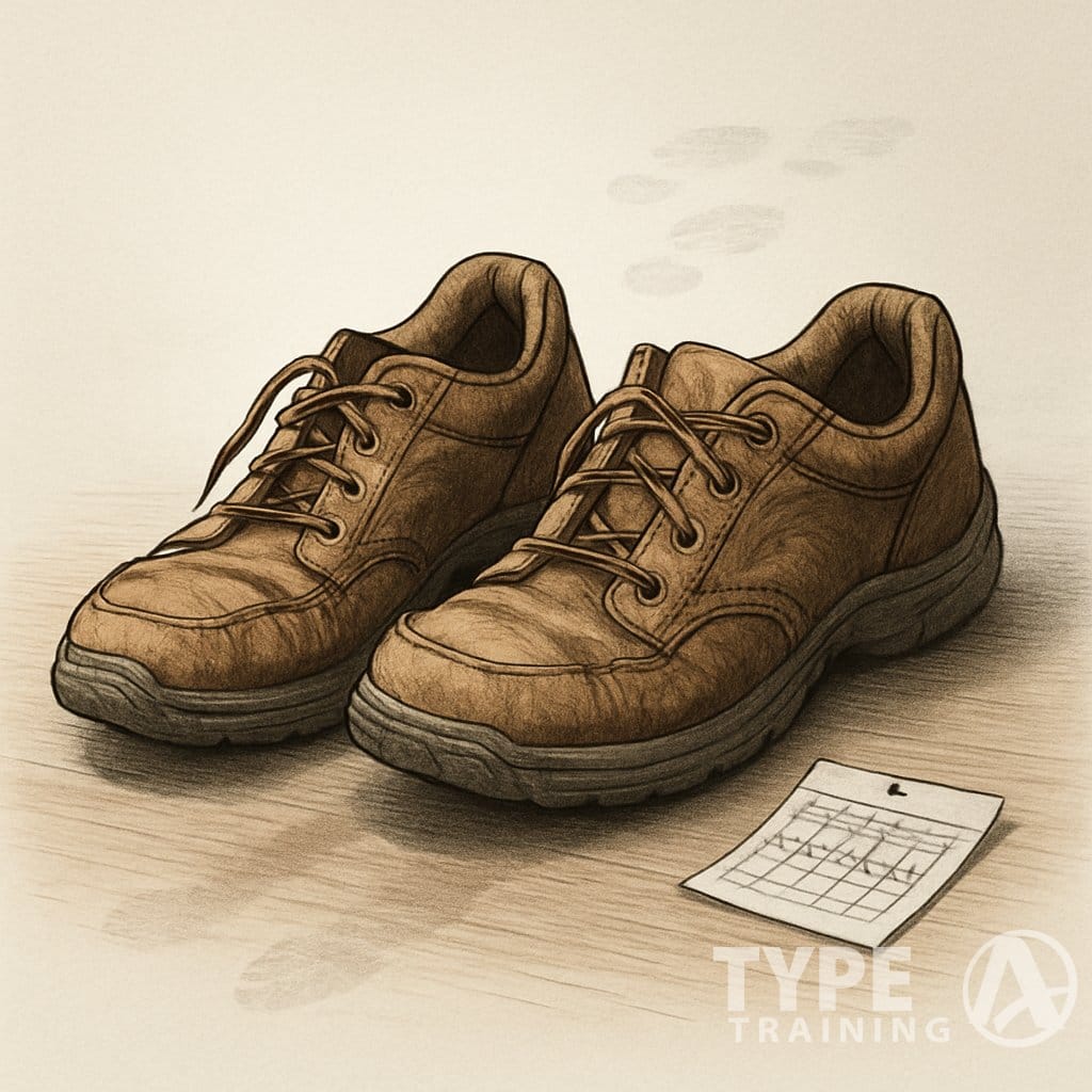 A pair of worn walking shoes showing signs of use, placed on a wooden surface with fading footprints and a small calendar nearby.