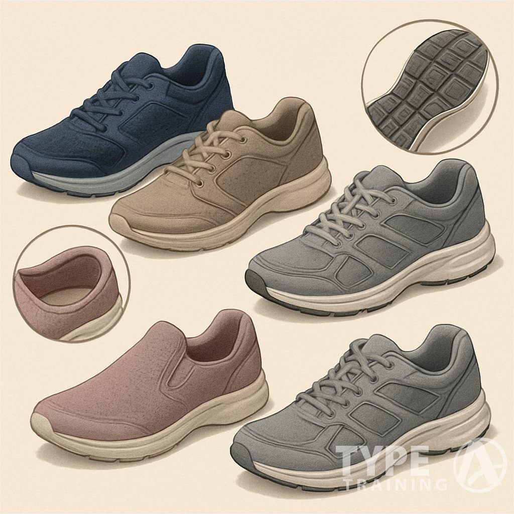 A collection of different walking shoes displayed to show their design and comfort features.