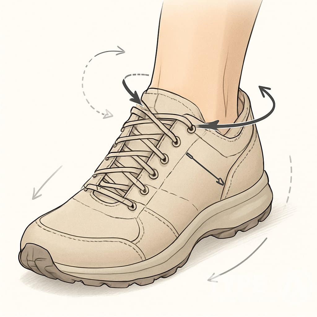 Close-up of a foot wearing a walking shoe with laces tightened around the ankle to prevent heel slippage.