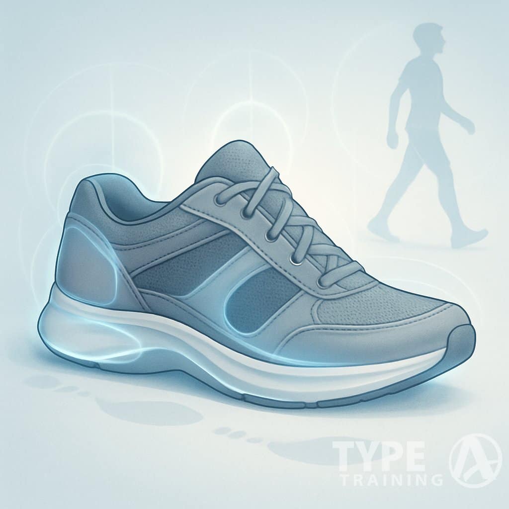 A pair of athletic walking shoes with highlighted support features and a walking silhouette in the background.
