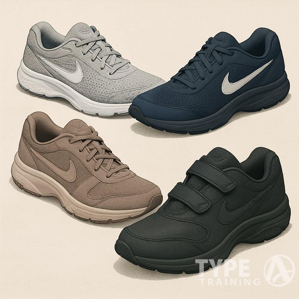 A collection of different walking shoes from the same brand arranged on a plain background.
