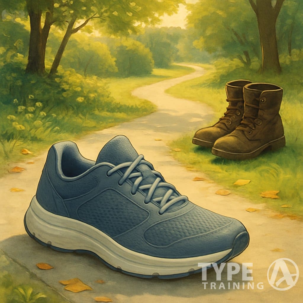 A pair of walking shoes on a paved path in a park with trees and greenery, next to a pair of boots set aside.