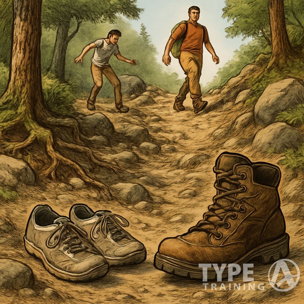 A hiking trail with walking shoes at the start and a hiker wearing hiking boots navigating rocky terrain.