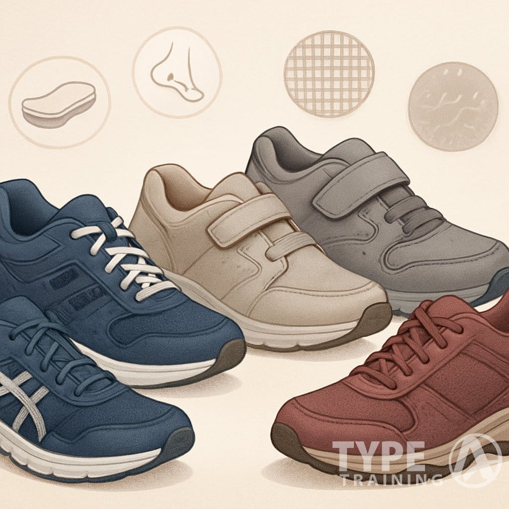 A collection of various walking shoes displayed with icons representing comfort, support, breathability, and durability.