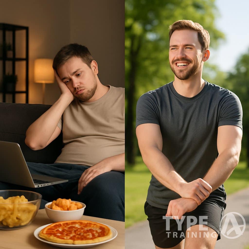 A person shown sitting inactive on a couch with snacks on one side, and the same person exercising outdoors in a park on the other side.