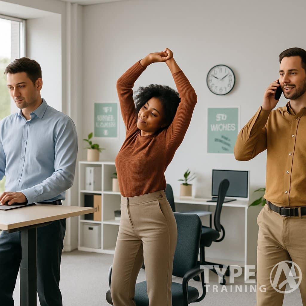 Office workers standing, stretching, and walking in a bright office with ergonomic desks and plants.