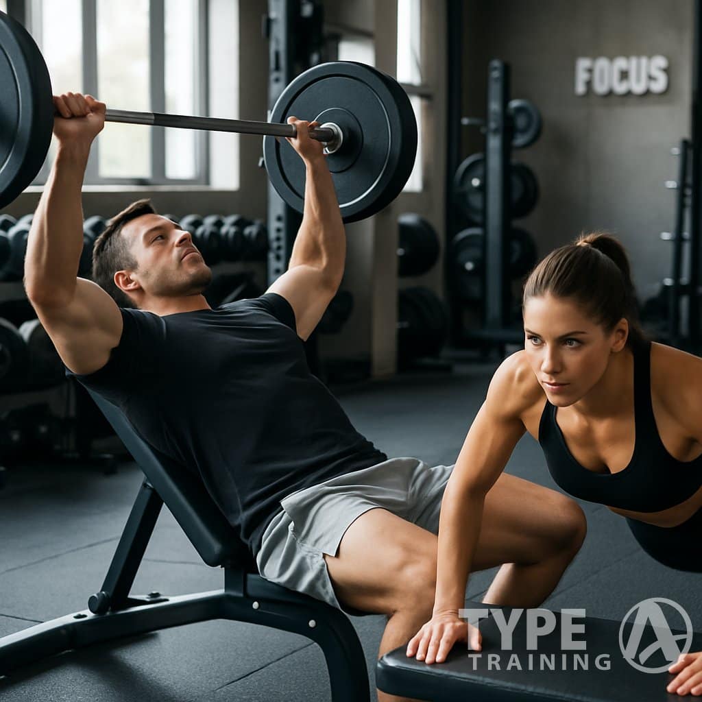 A man performing a bench press and a woman doing push-ups in a gym setting.