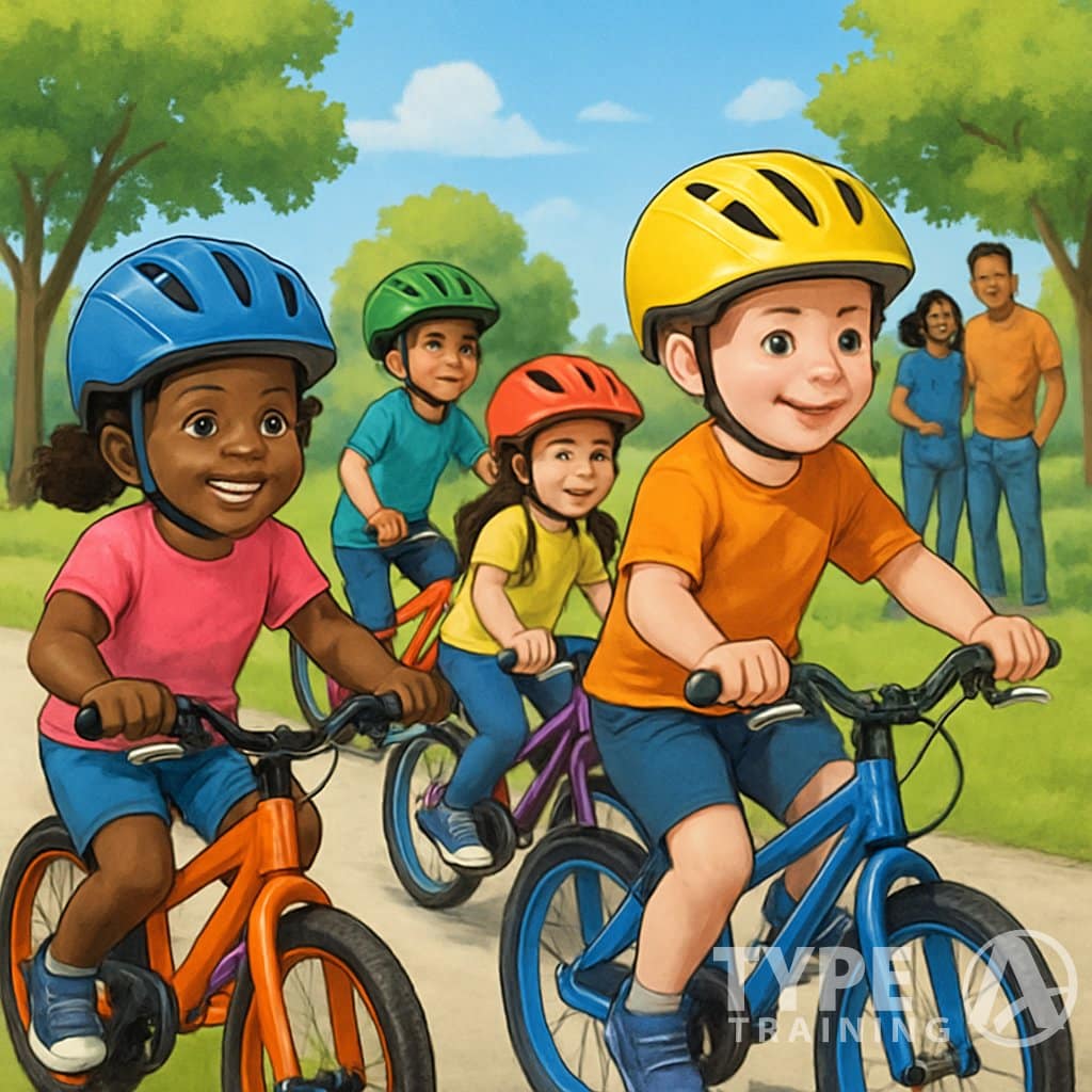 Children of different backgrounds riding bikes in a park while wearing colorful bike helmets, with parents watching nearby.