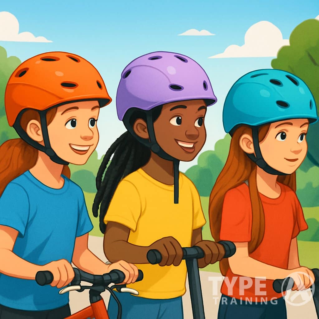 Three children with long hair wearing colorful helmets while riding bikes and scooters in a park.