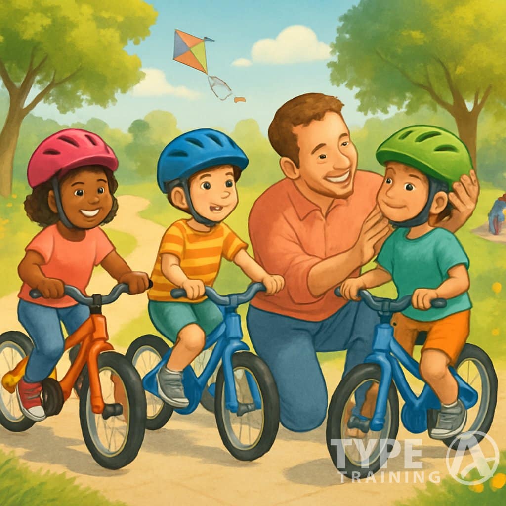 Children riding bikes in a park wearing colorful helmets, with an adult helping a child adjust their helmet.
