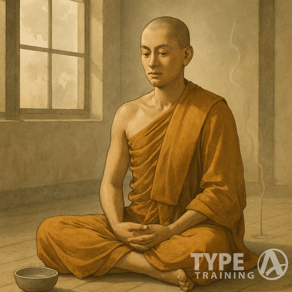 A monk sitting cross-legged in meditation inside a temple room, wearing saffron robes with eyes closed in peaceful contemplation.