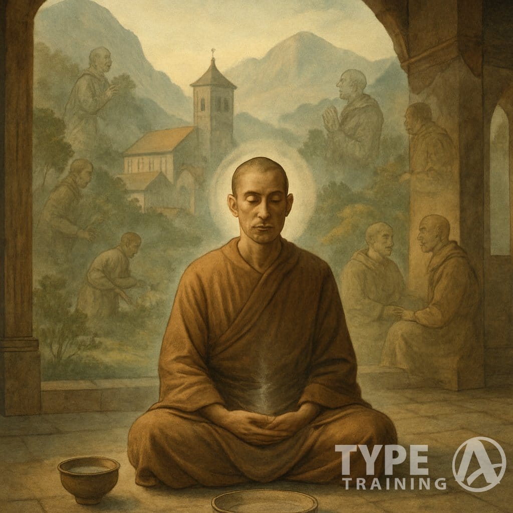 A monk in simple robes meditates inside a wooden hall with an empty plate and bowl nearby, set against a peaceful mountain monastery scene with faint background images of monks fasting and praying.