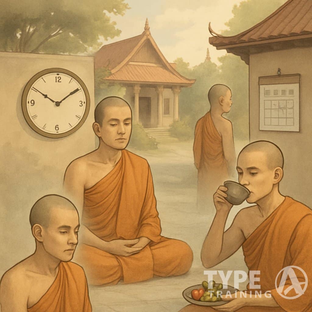 Several monks in a temple courtyard practicing different fasting methods, including meditation, drinking water, and eating small portions of fruit, surrounded by traditional temple architecture.