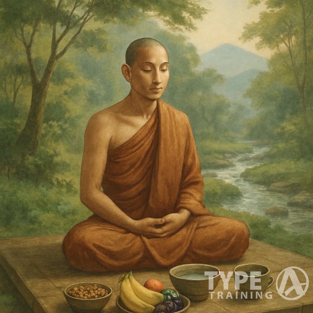 A monk sitting cross-legged outdoors surrounded by healthy foods like fruits and nuts, in a peaceful natural setting with trees and sunlight.
