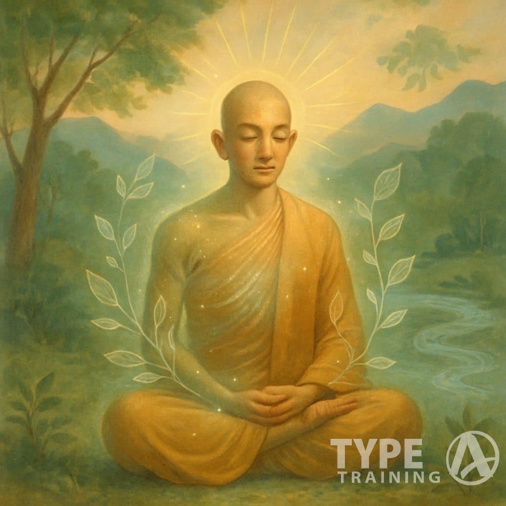 A monk sitting peacefully outdoors with a calm expression, surrounded by nature and soft glowing light symbolizing health and mindfulness.