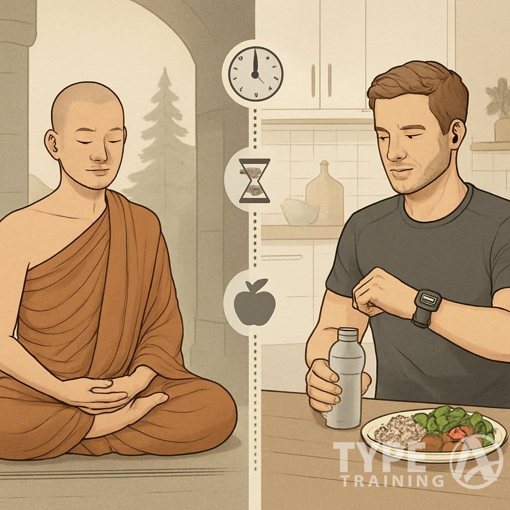 A monk sitting calmly in a natural monastery setting on the left and a modern person in athletic clothes with a smartwatch and healthy food in a kitchen on the right, illustrating traditional and modern fasting practices.