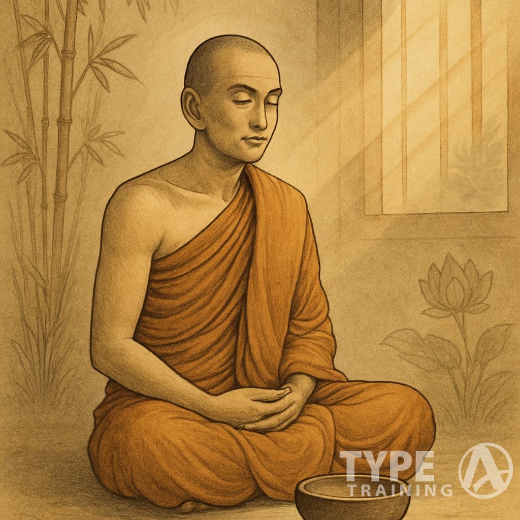 A peaceful monk sitting cross-legged with an empty bowl in front of him, surrounded by natural elements in a calm indoor setting.