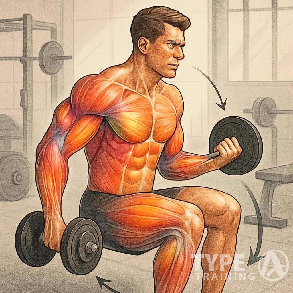 A person performing two back-to-back exercises in a gym, with highlighted muscles showing growth and activity.
