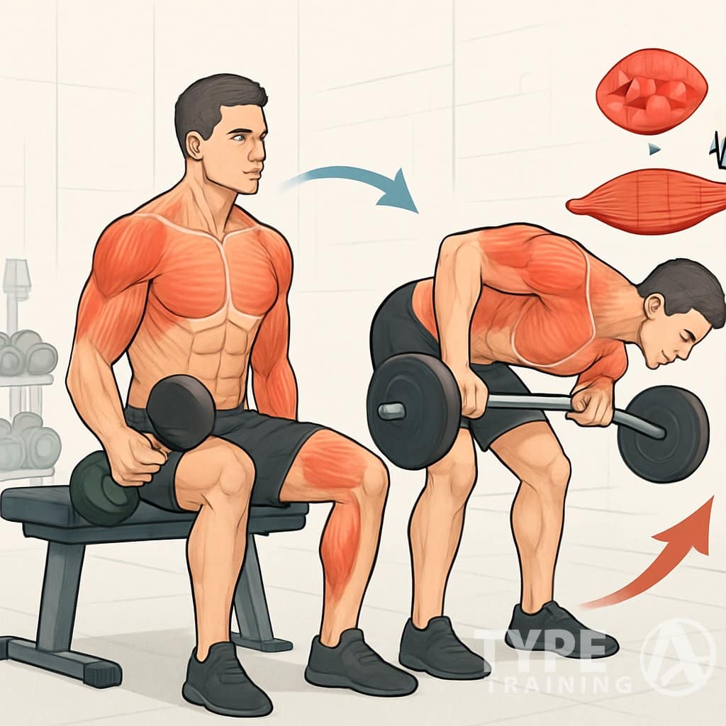 A person performing two strength exercises consecutively in a gym, with visual elements showing muscle growth and continuous movement between exercises.