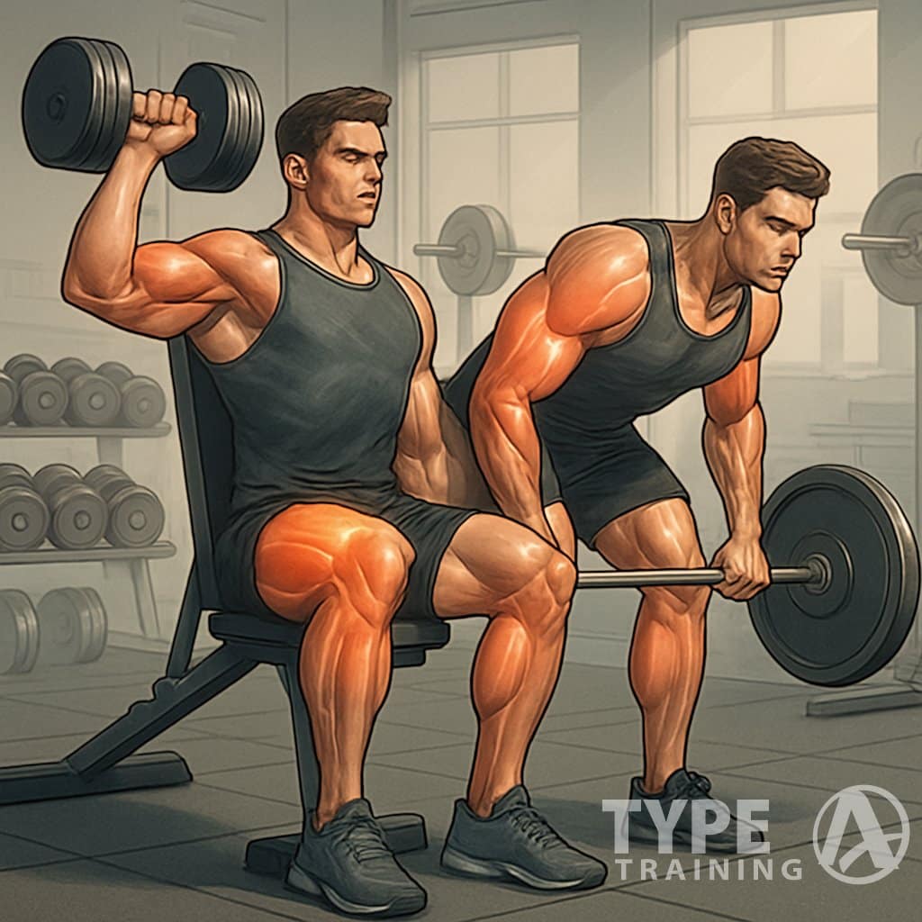 A muscular person performing two weightlifting exercises consecutively in a gym, highlighting muscle growth and strength.