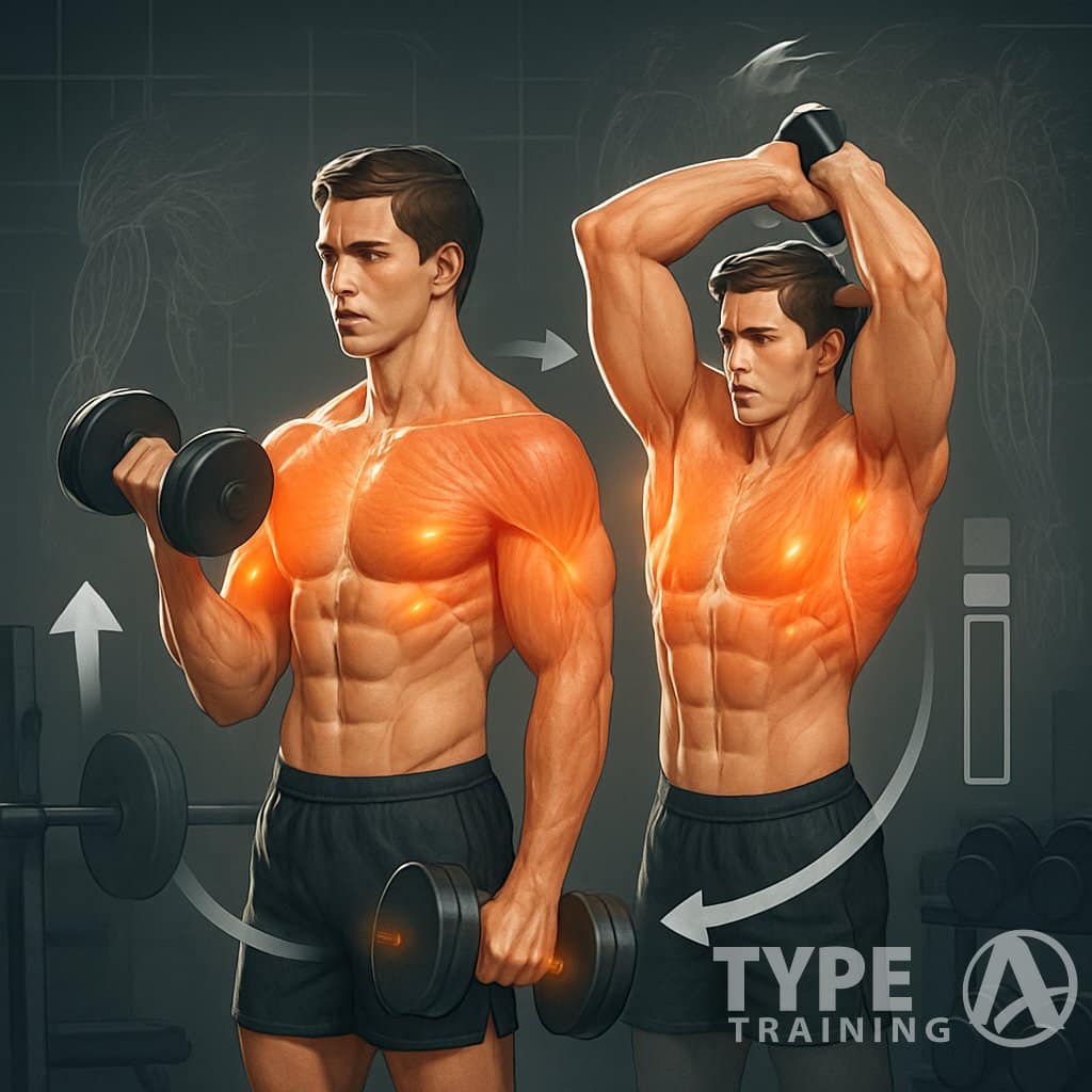 A person performing two different arm exercises back-to-back in a gym, with highlighted muscles showing growth and strength.