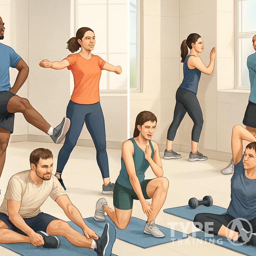 A group of people stretching before and after workouts in a gym, performing various dynamic and static stretches.