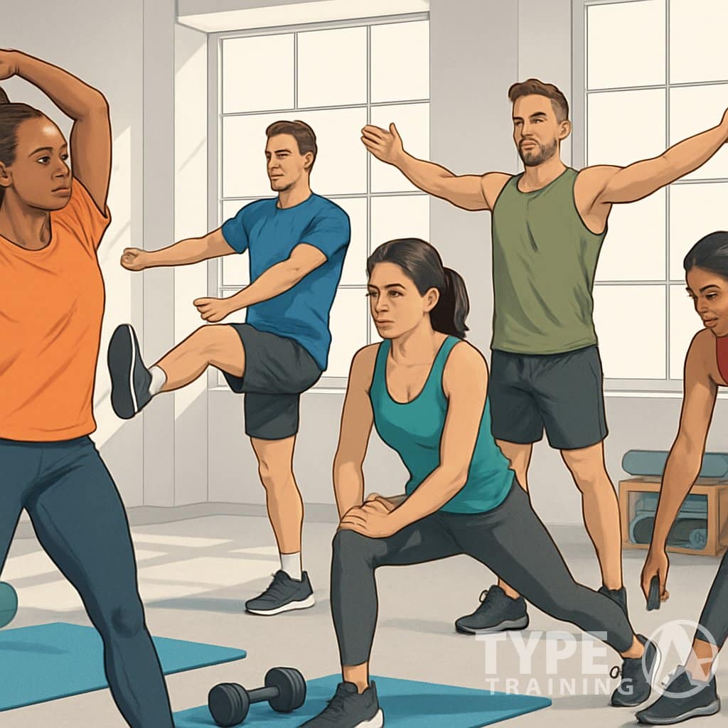 A group of diverse people performing various stretching exercises in a gym before a workout.
