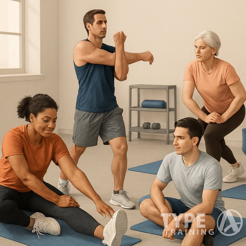 People of different ages and body types performing various stretching exercises in a gym setting before and after workouts.