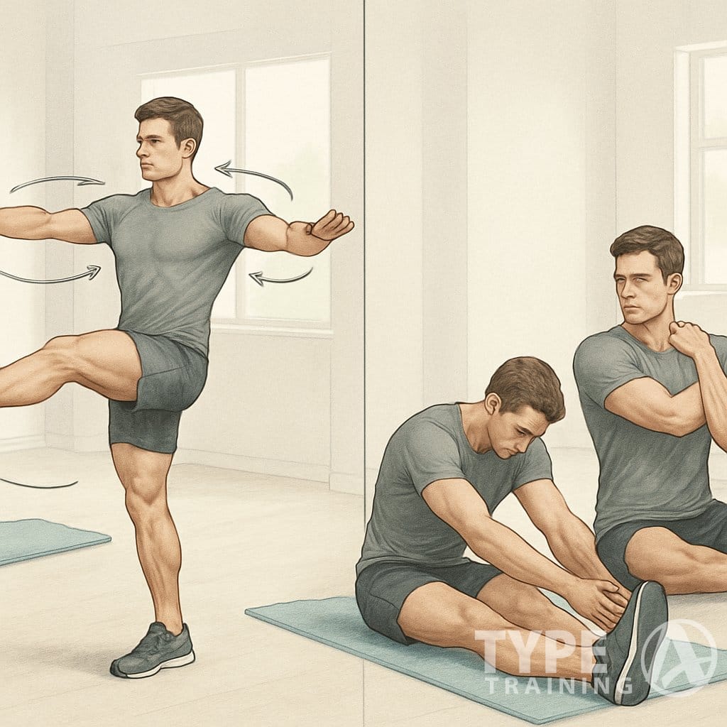 A person performing proper stretching exercises before and after a workout in a gym setting.