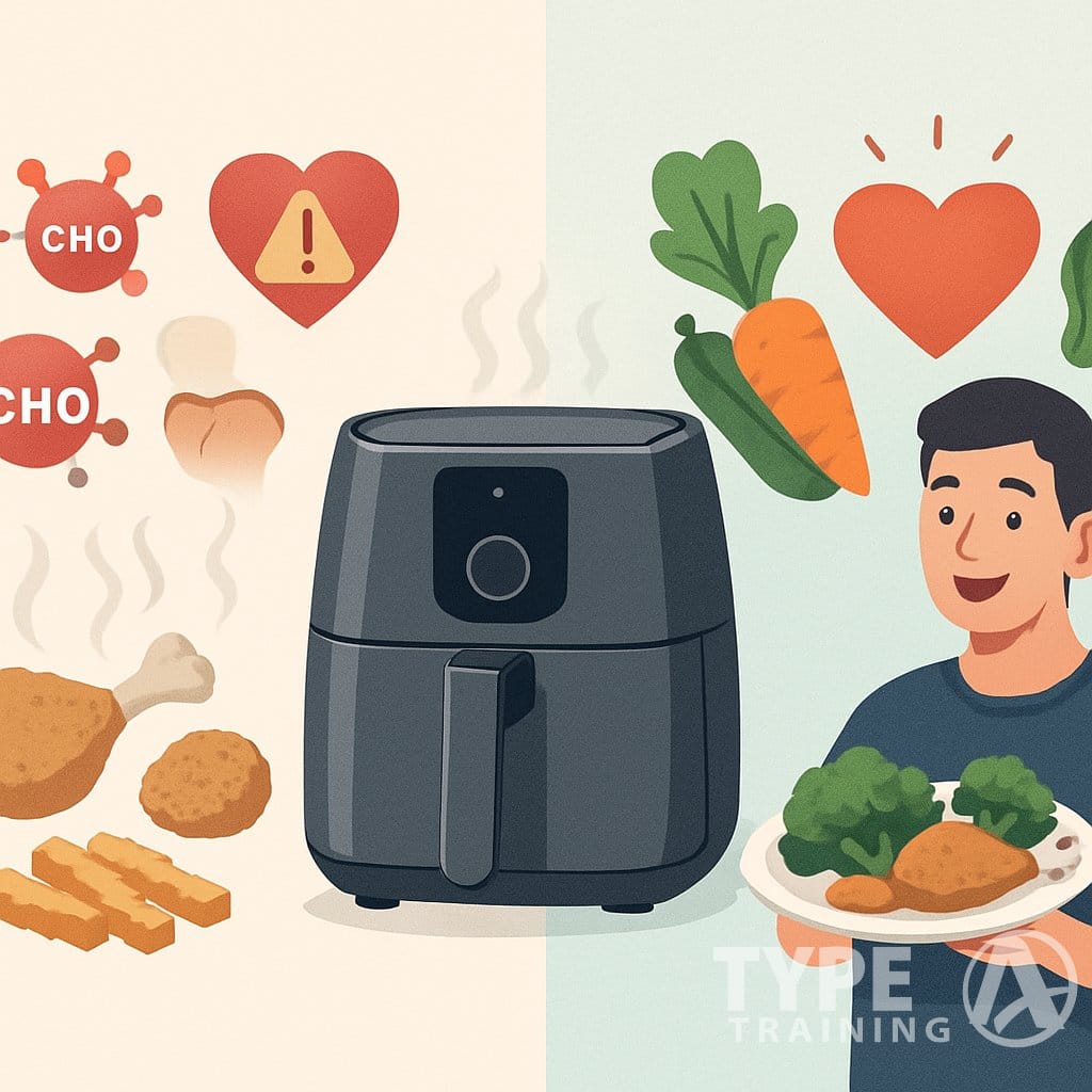 An illustration showing an air fryer in the center with symbols of health risks like cholesterol and fried food on one side, and benefits like fresh vegetables and a healthy heart on the other.