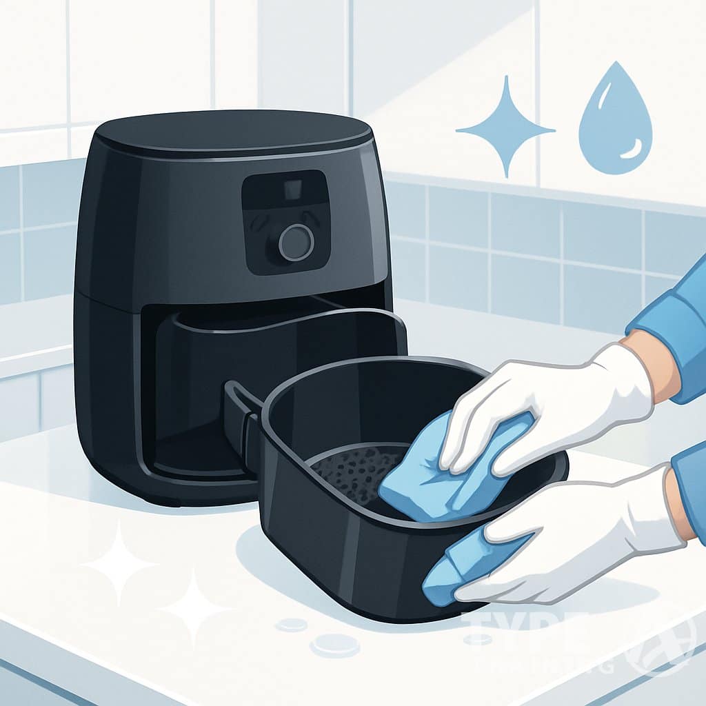 A person cleaning the removable basket of an air fryer on a kitchen countertop, with sparkling clean surfaces around.