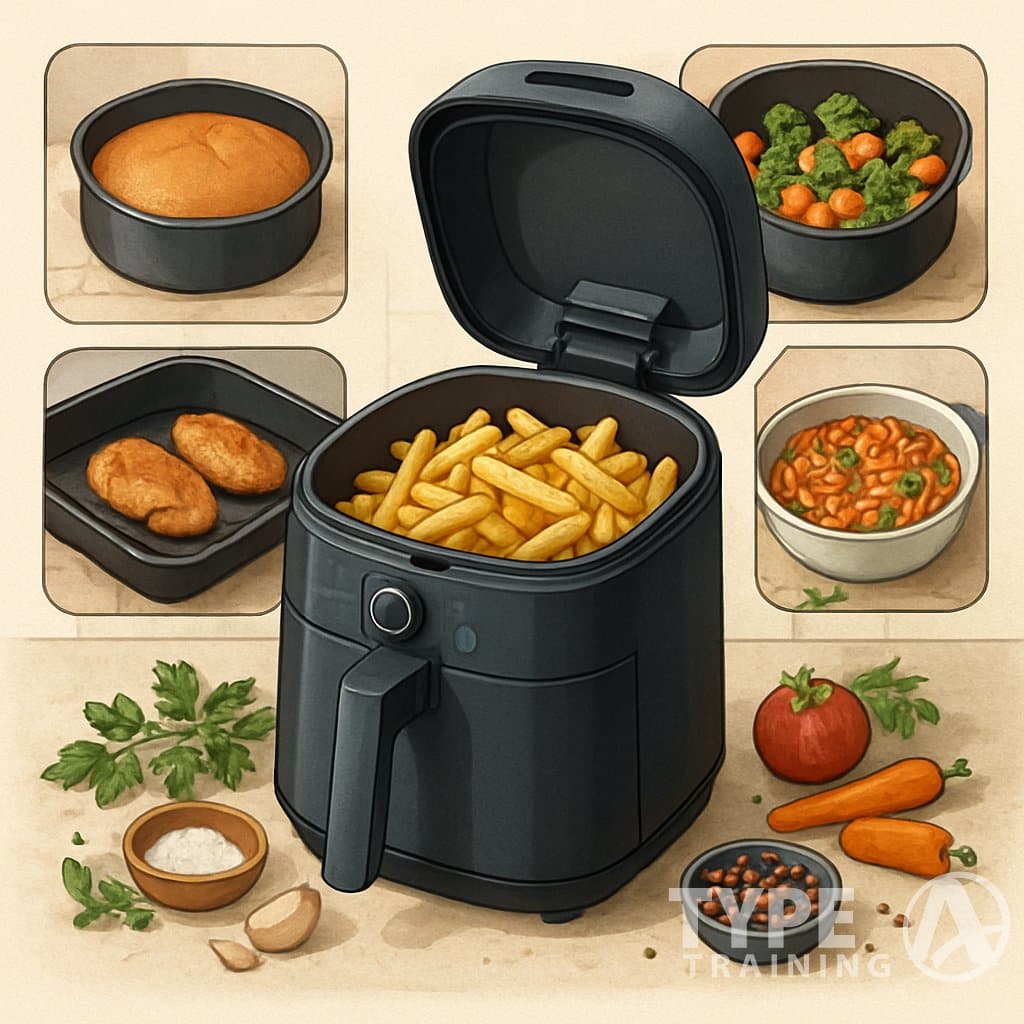 An air fryer with crispy fries inside, surrounded by images of baked cake, roasted vegetables, grilled chicken, and reheated food, with kitchen ingredients and utensils around it.