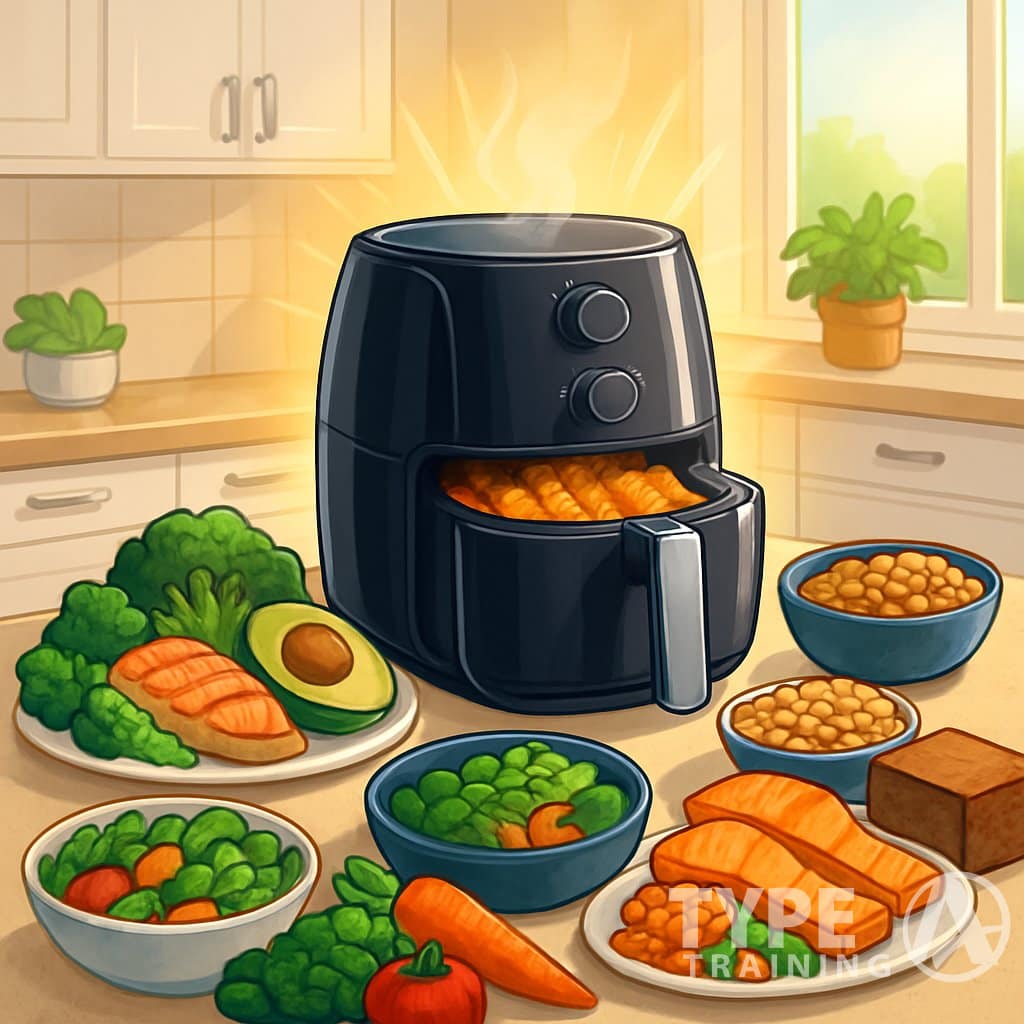 A kitchen countertop with an air fryer surrounded by various healthy foods representing different dietary lifestyles.