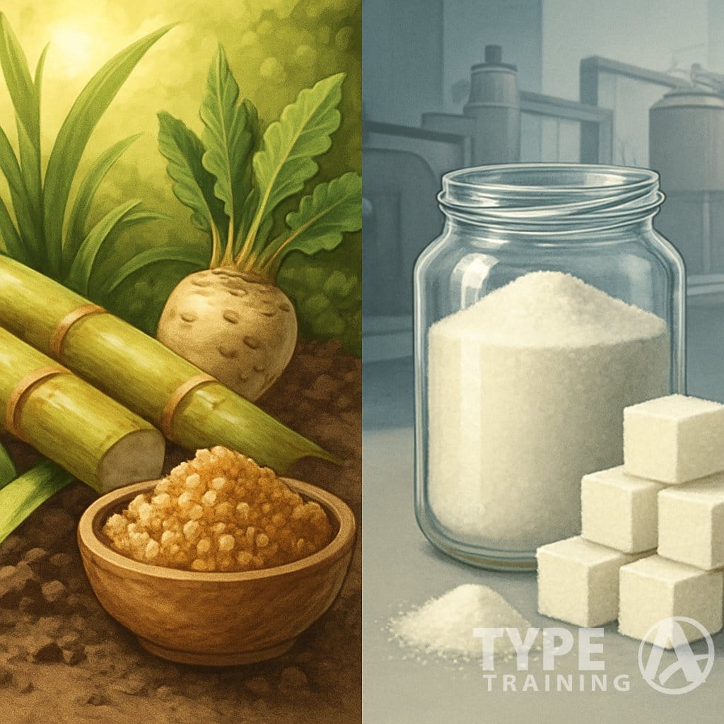 A split scene showing natural sugar sources like sugarcane, sugar beets, and raw brown sugar on one side, and refined white sugar in jars and cubes with factory elements on the other side.