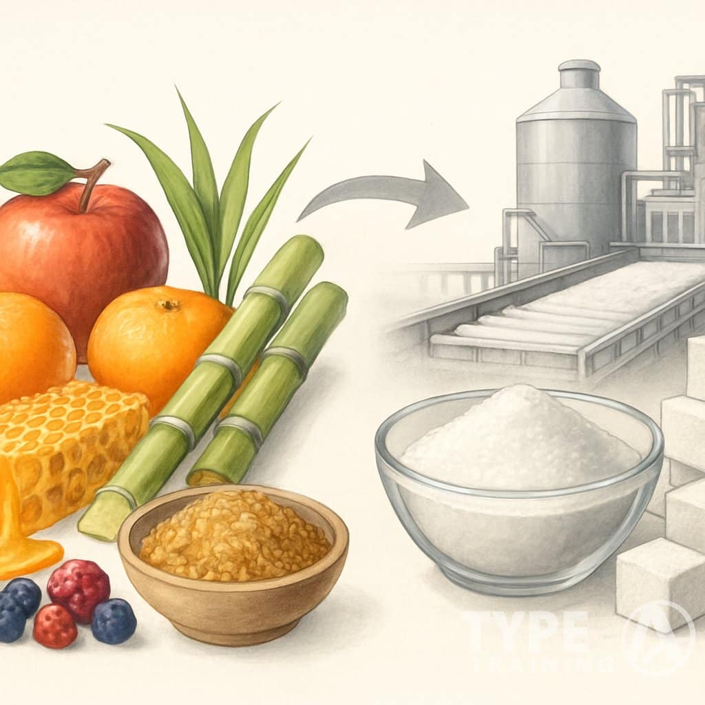 An illustration showing natural sugar sources like fruits, honeycomb, and sugarcane on one side, and refined sugar like white granulated sugar, sugar cubes, and factory machinery on the other side.